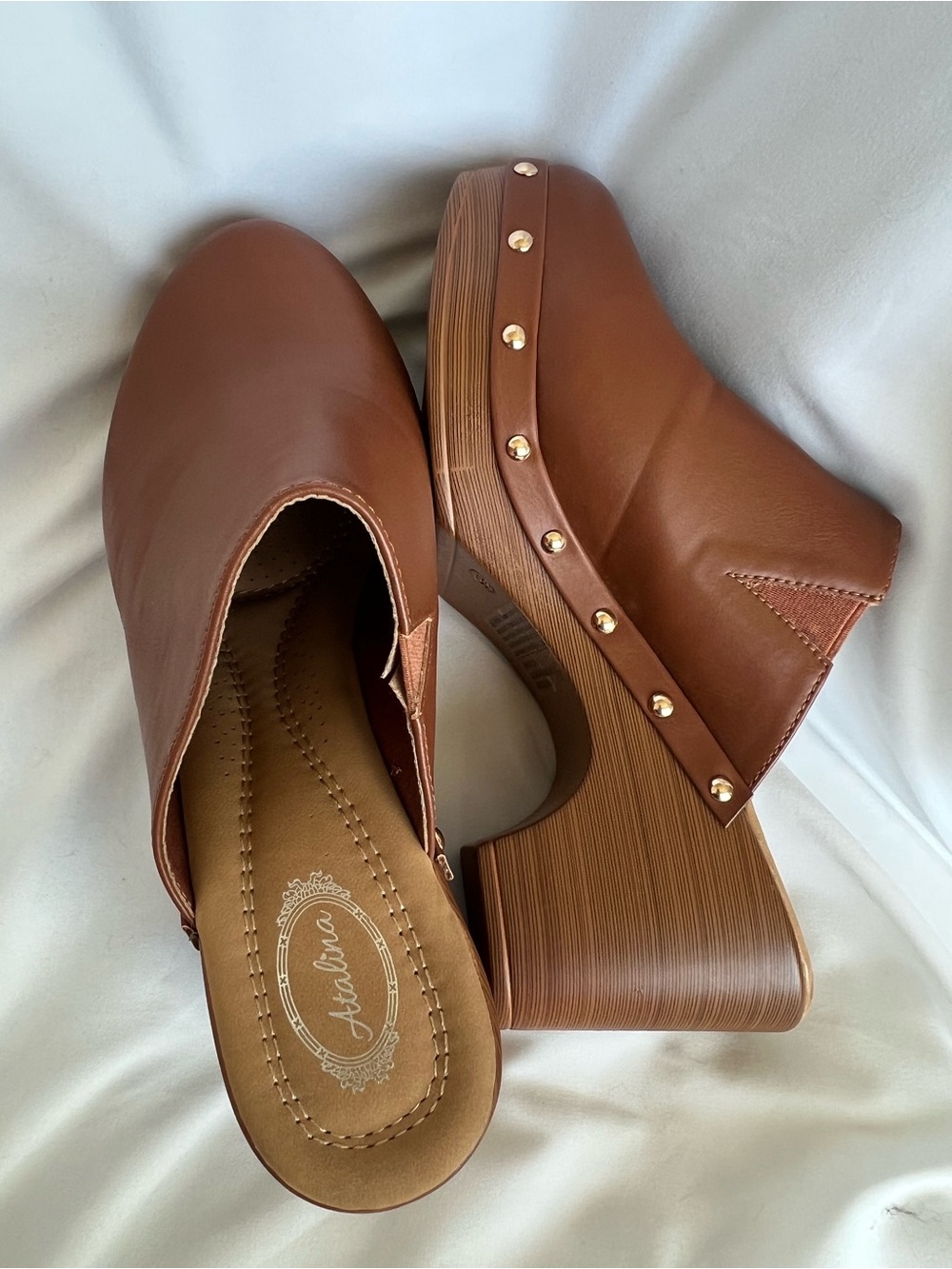 Brown Leather Platform Clog Mules with Gold Studs 9.5 Women
